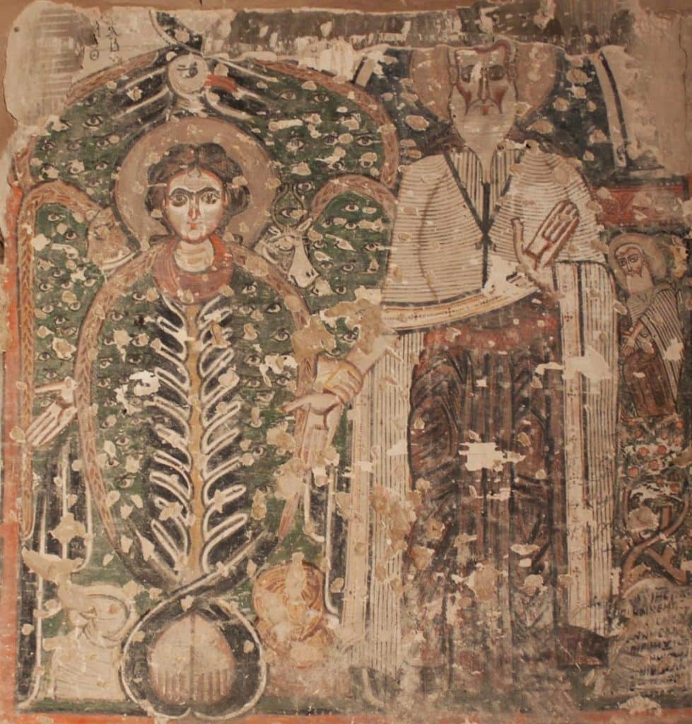رسم جداري (فريسكو) من القرن التاسع موجود في دير السريان يصور أنبا مقار ومع الشاروبيم يدًا في اليد